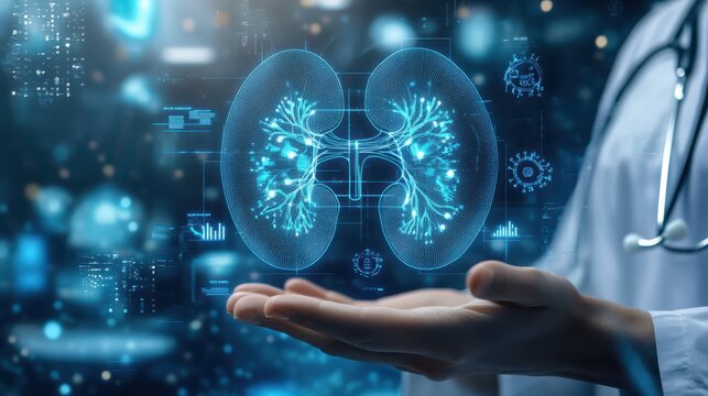 Medical tech background with hands presenting a digital kidney diagram, blue data visuals