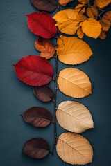 Fototapeta premium Autumn leaves of various colors are neatly laid on a dark surface, reflecting seasonal change, order, and natural beauty.