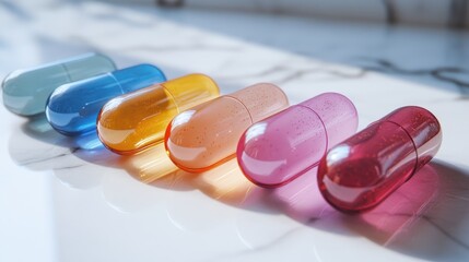Colorful Capsules Lined Up on a Marble Surface
