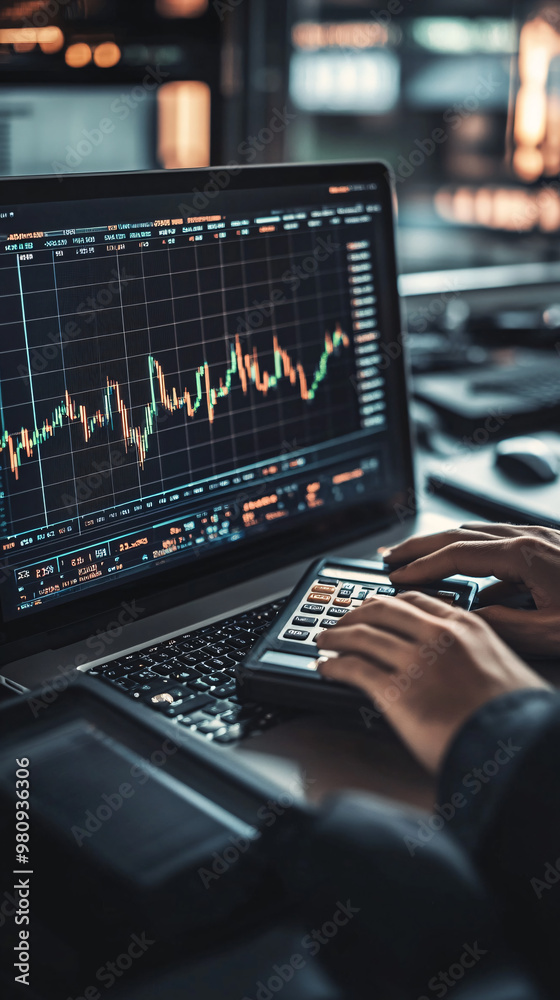 Leinwandbilder stock market trader is using a laptop and calculator to analyze charts and make investment decisions