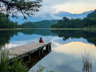 Tranquil Lakeside Scenery with Mountain View and Wooden Dock in Nature Landscape