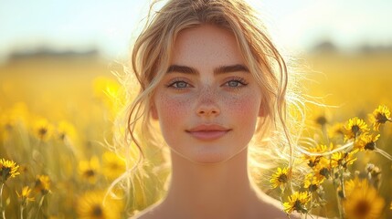 A young woman smiles amid a field of sunflowers during golden hour, capturing the essence of a bright summer day