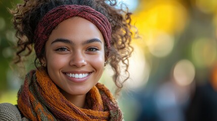 Young woman with curly hair smiles warmly while wearing a scarf in a vibrant autumn park during daylight hours