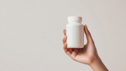Minimalist close-up shot of fingers holding a white dietary bottle, well-lit studio background