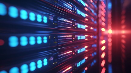 Naklejka premium An in-depth look at a server rack illuminated by a warm glow, revealing its intricate web of lights and data.