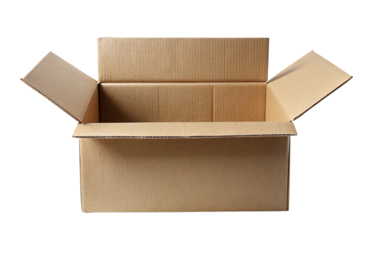 Open cardboard box isolated with transparent background.