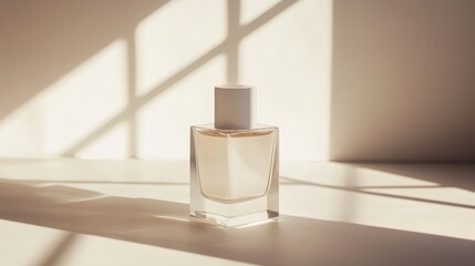 Minimalist perfume bottle with a geometric design on a clean, white surface
