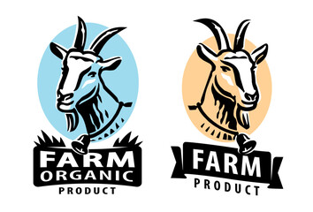 Portrait of cute goat, farm animal badge or label set. Emblems signs for packaging, vector illustration