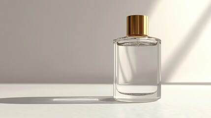 Minimalistic clear glass perfume bottle with gold cap, soft light, high-resolution photo, clear texture details