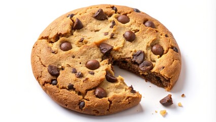 Fototapeta premium Brown cookie shaped logo with chocolate chips and a bite taken out of it