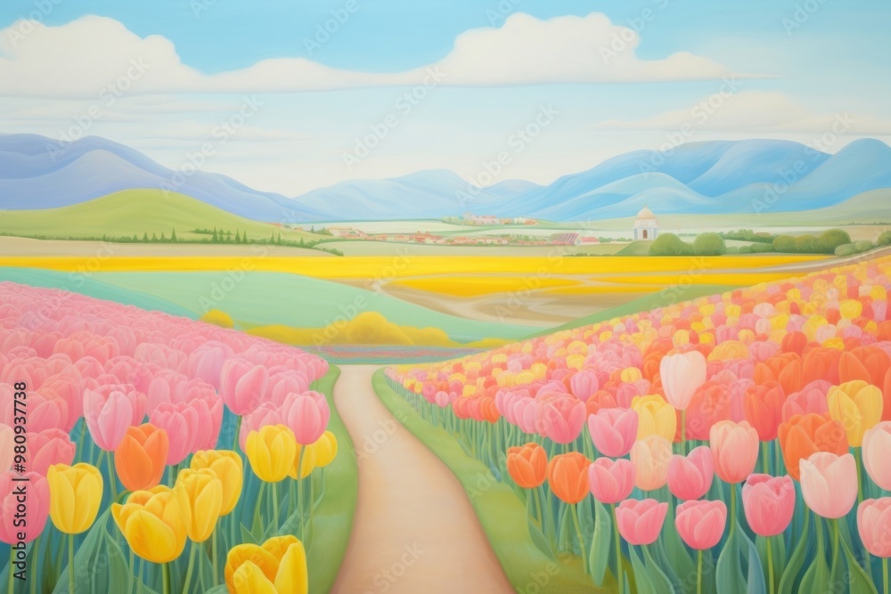 Poster tulip fields painting landscape outdoors.