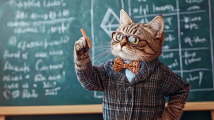 Educator Cat Teaching Lessons to Feline Students at Chalkboard in Classroom