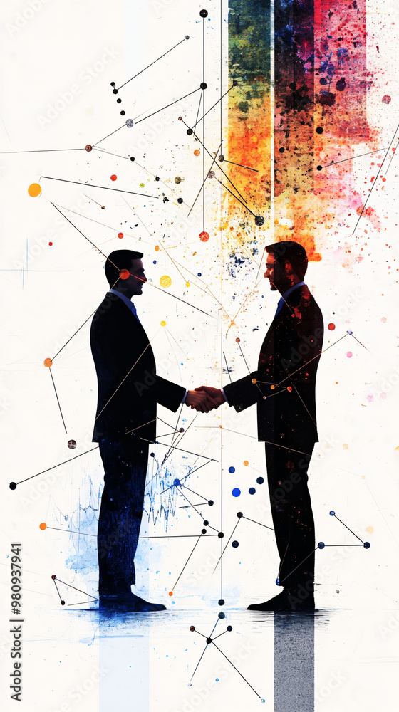 Poster two businessmen shaking hands in front of an abstract background with connecting dots, symbolizing a