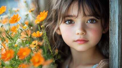 Fototapeta premium A young girl with brown hair and expressive eyes stands near bright orange flowers in a rustic setting, capturing a moment of innocence