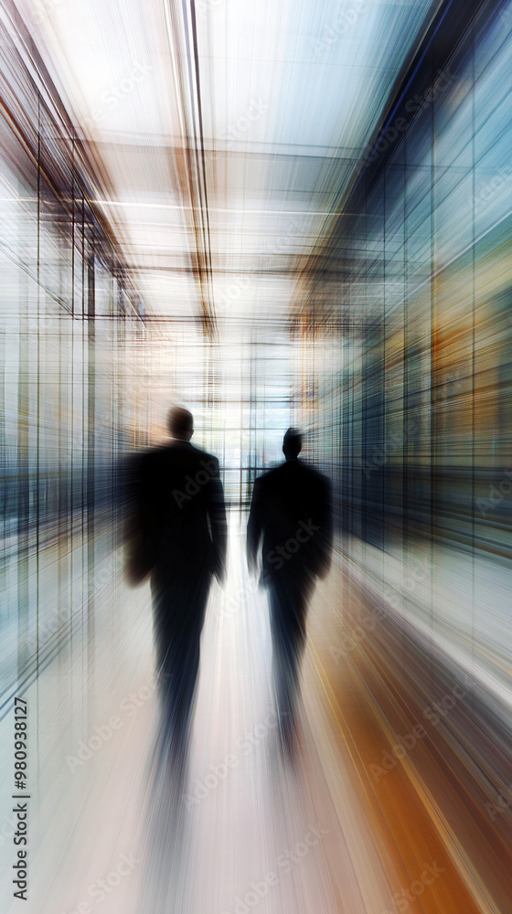 Poster two businessmen walking in a modern office building corridor with motion blur effect