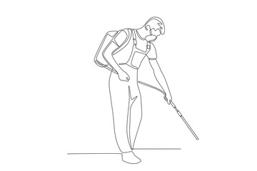 Man watering plants with pest medicine. Pest control concept one-line drawing