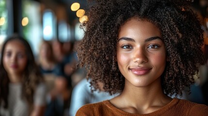 Fototapeta premium Young woman with curly hair smiles confidently in a café during a lively gathering on a sunny afternoon