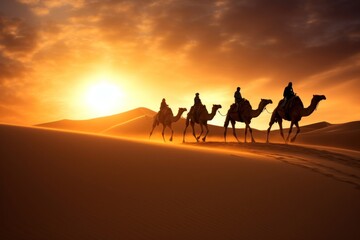 Camels silhouettes in sand dunes outdoors nature desert.