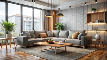 Modern living room interior with sleek gray sofa, wooden coffee table, and minimalist decorations, against a light
