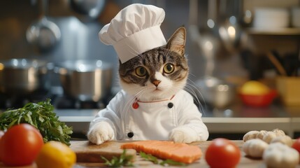 Culinary Cat: Feline Chef Hosting Cooking Show in Gourmet Kitchen
