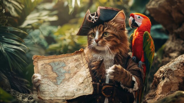 Pirate Cat Adventurer: Feline on Treasure Island with Map and Parrot Companion
