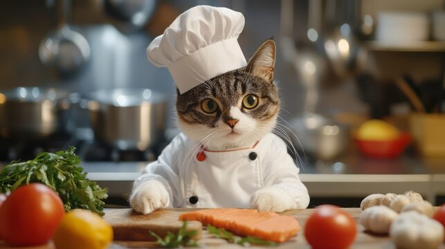 Culinary Cat: Feline Chef Hosting Cooking Show in Gourmet Kitchen