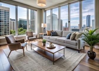 Fototapeta premium Modern living room with affordable furniture pieces, neutral-colored carpet, and natural light pouring in through large