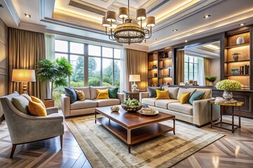 Modern living room with balanced elements, showcasing proportion, emphasis, harmony, contrast, unity, and variety,
