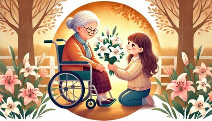 granddaughter presents her wheelchair-bound grandmother with a bouquet of white lilies on International Day of Older Persons, Senior Citizens' Day