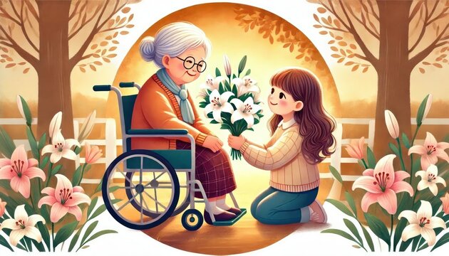 granddaughter presents her wheelchair-bound grandmother with a bouquet of white lilies on International Day of Older Persons, Senior Citizens' Day