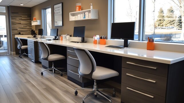 Modern office workspace with multiple workstations and white desks.