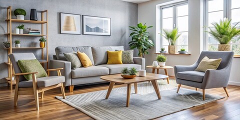 Obraz premium Modern living room with cozy couch, armchair, and coffee table, from a popular budget-friendly furniture retailer,