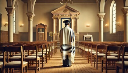 Yom Kippur Prayer in Synagogue, Jewish Man in Kittel, Yom Kippur Concept