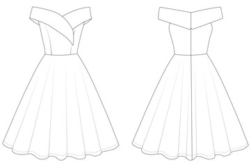 Women sleeveless fit Dress flared cocktail dress design flat sketch Circular Technical fashion illustration