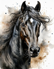 Piękny portret konia, akwarela na białym tle, generative ai 