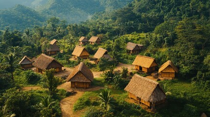 Serene Tribal Village Scene with Traditional Huts and Community Life, Ideal for Copy Space or Design Inserts