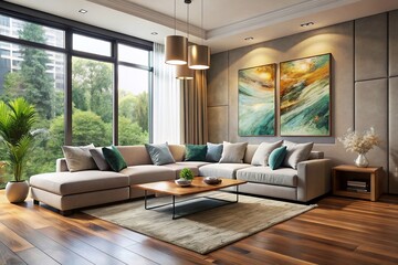 Modern living room with sleek sectional sofa, abstract artwork, and minimalist decor in a soothing color palette,