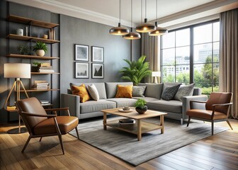 Fototapeta premium Modern living room with sleek sofa, armchair, and coffee table arranged to create a harmonious and functional space,