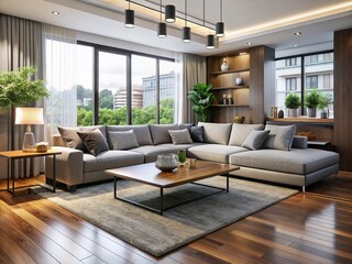 Fototapeta premium Modern living room with sleek sectional sofa, movable tables, and minimalist decor, showcasing versatility and