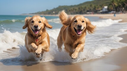  Two Golden Retrievers joyfully running side by side on the beach.