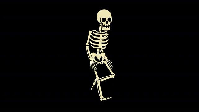 Walking skeleton in a transparent background. Spirit of Halloween. Cartoon skeleton. Looped cartoon animation with alpha channel