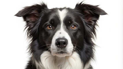 Close-up portrait of a black and white Border Collie with intense gaze, isolated on white background