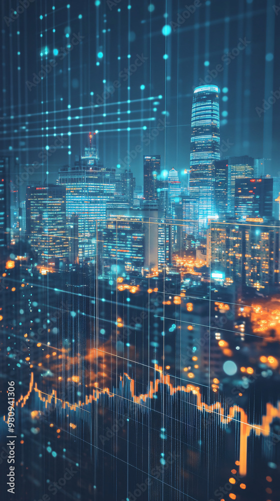 Aufkleber financial data overlaying hong kong skyline at night, featuring bar graphs and candlestick charts