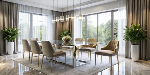 Fototapeta premium Modern minimalist dining room features sleek acrylic chairs and table, paired with sleek metallic accents and airy