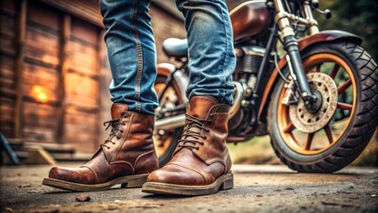 Close-up view of leather biker boots and rugged jeans on muscular legs