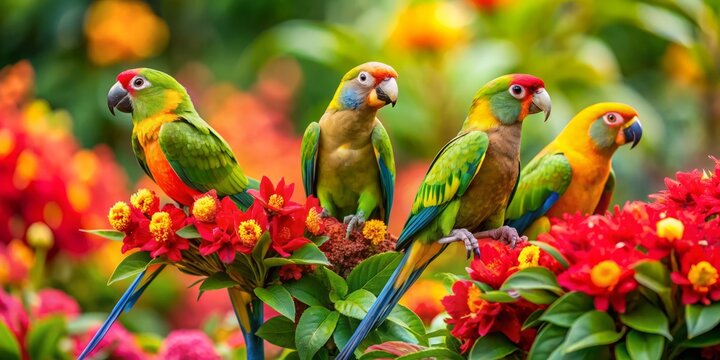 Colorful parakeets perch harmoniously on vibrant exotic flowers swaying gently in the tropical breeze on a lush island