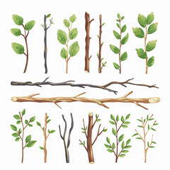 set of tree branches, sticks, snags, pieces of wood on a white background. vector illustration