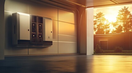 A modern industrial space with control panels and a sunset view.