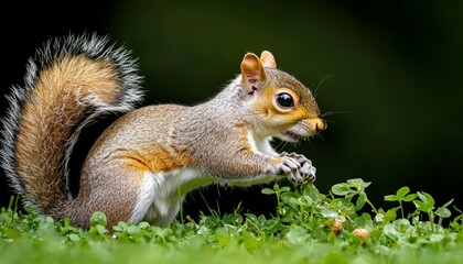 Fototapeta premium A close-up of a squirrel nibbling on a patch of fresh green grass, focusing on its tiny paws and the vibrant green surroundings.