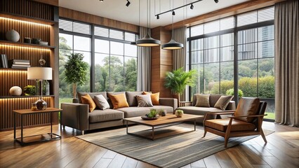 Fototapeta premium Modern minimalist living room interior design rendered in 3D software, featuring sleek furniture, large windows, and a